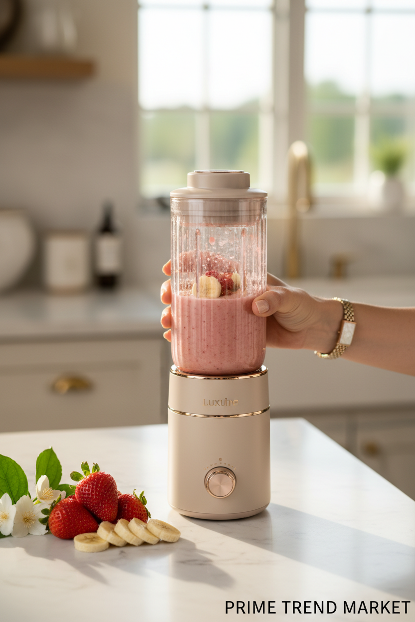 Elegant woman holding luxury portable beige juice blender making pink smoothie in marble kitchen