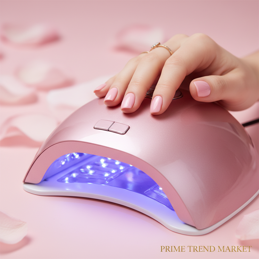 Woman's hand inside pink UV LED nail lamp curing gel nails with pink bokeh rose petal background