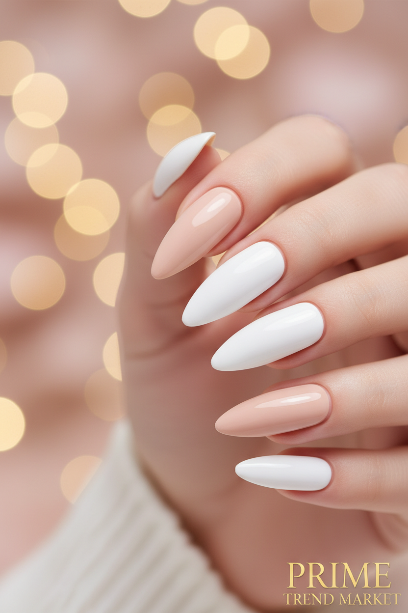 Long Almond Press-On Nails — Nude & White Close-Up