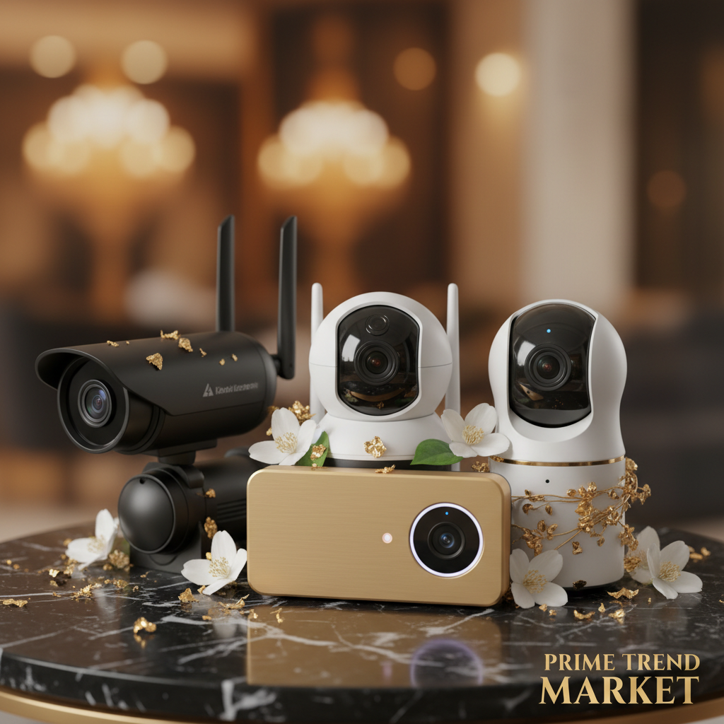 Four smart home security cameras on dark marble with jasmine flowers and gold leaf