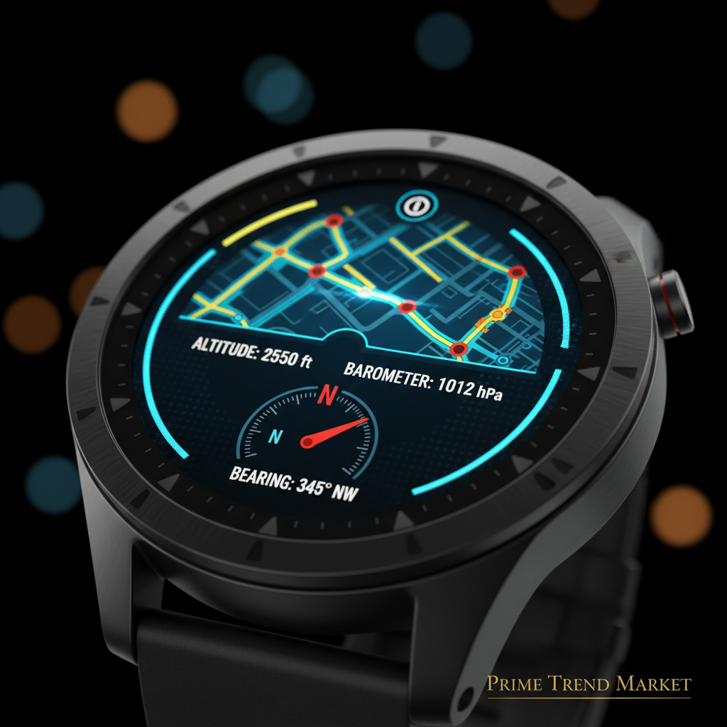 Close-up of SENBONO GPS smartwatch 1.45 inch HD display showing GPS route and altitude