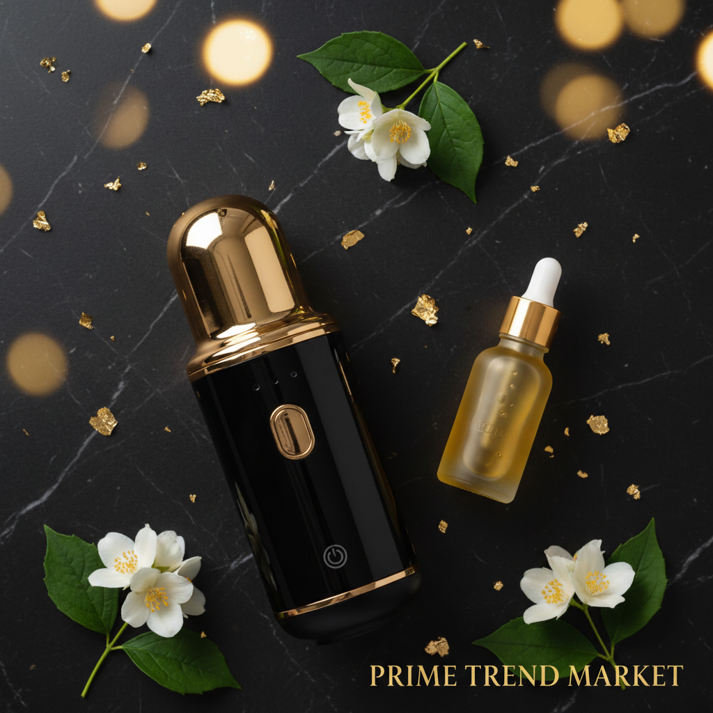 Luxury Electric Cupping Device ritual bundle flatlay with amber massage oil on dark marble