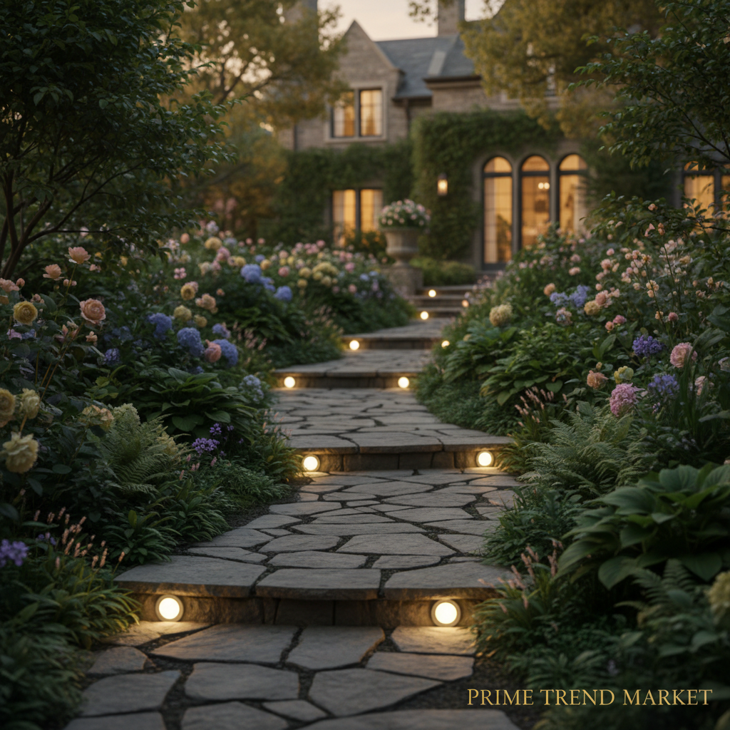 Garden Pathway Lined with Solar Step Lights Warm White Glow Luxury Home — Prime Trend Market