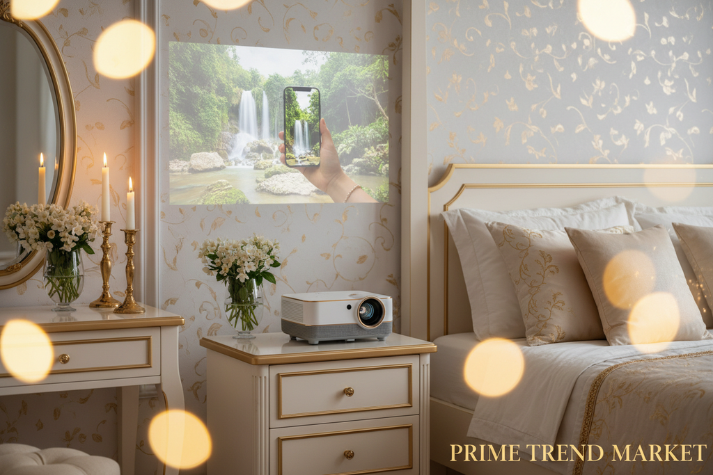 Portable WiFi Mini Projector wirelessly mirroring phone to wall in luxury bedroom — Prime Trend Market