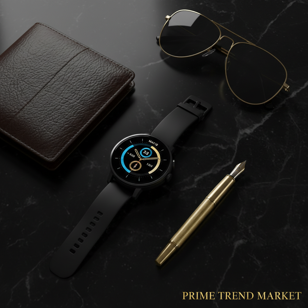 MAX18 AMOLED smartwatch luxury flatlay on black marble with accessories