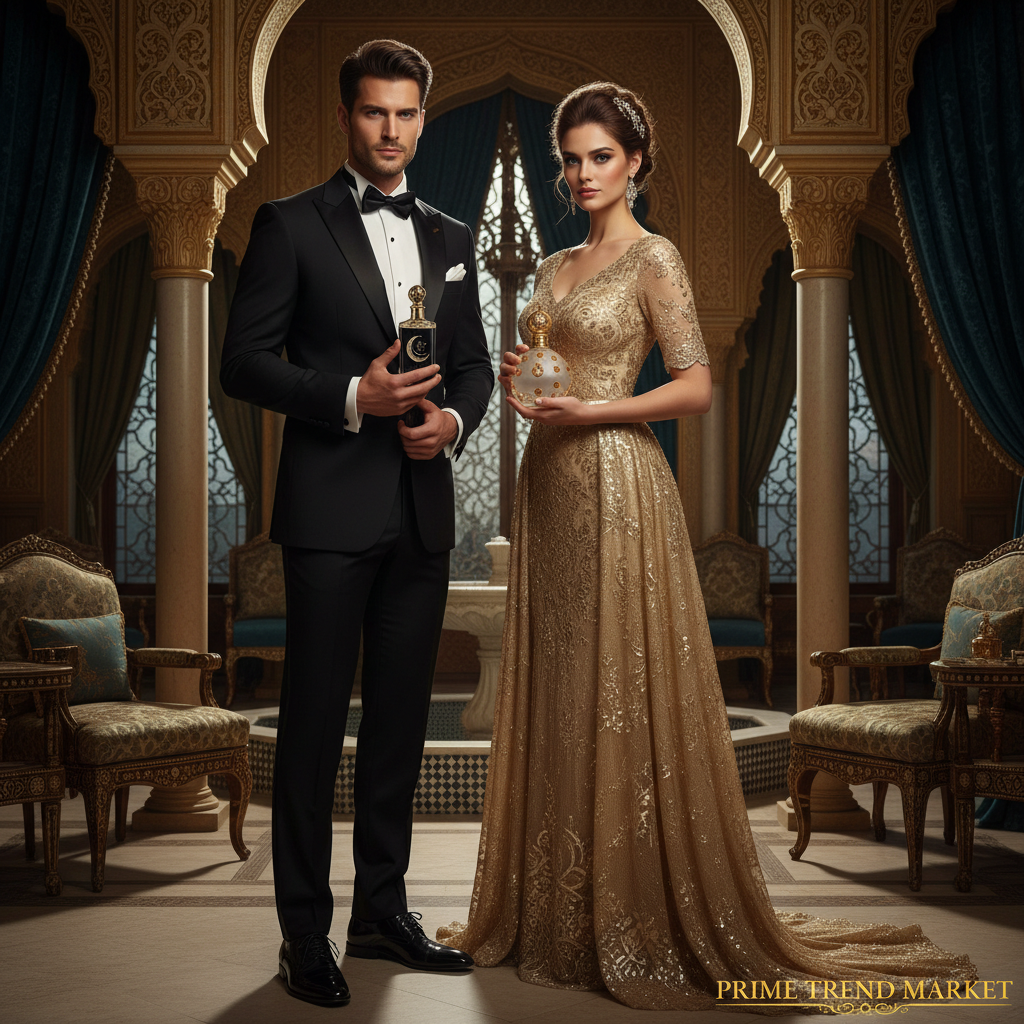 Elegant couple in black suit and gold gown holding Middle Eastern perfume - Prime Trend Market