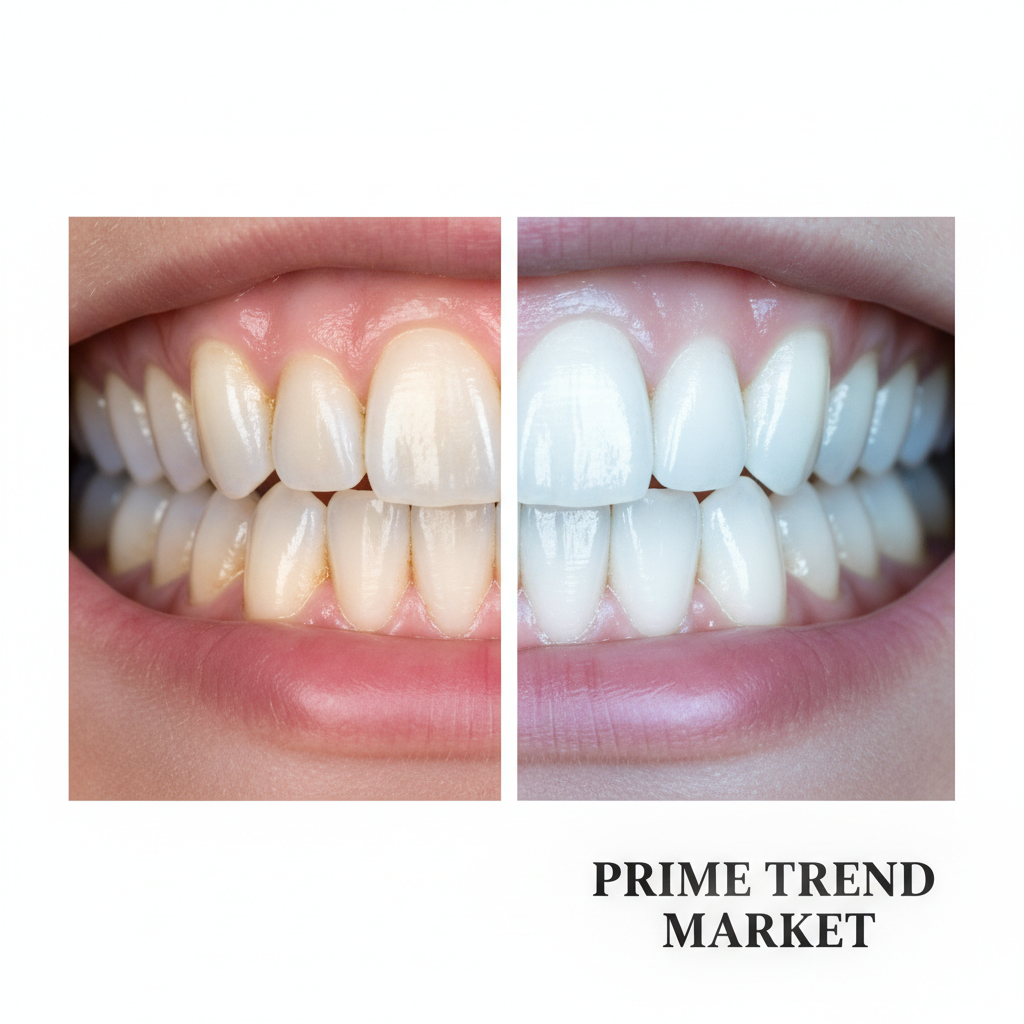 Before and after teeth whitening comparison showing yellow stained teeth vs brilliantly white teeth after LED kit treatment