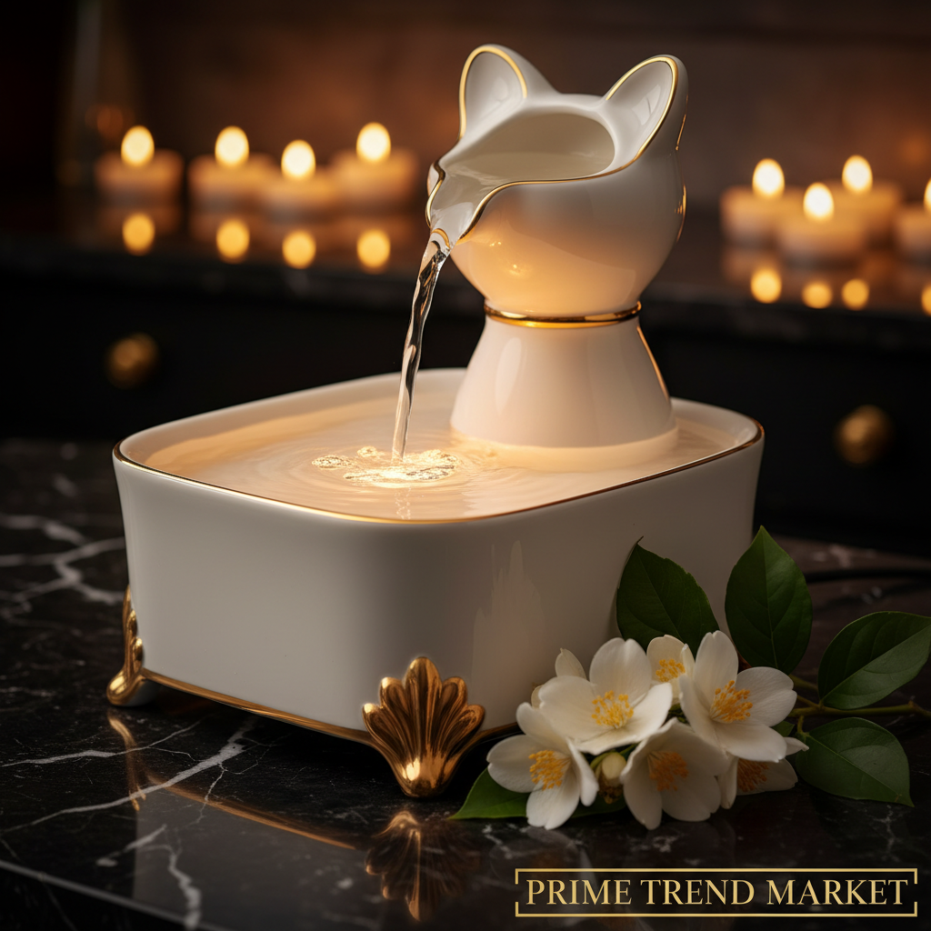 Luxury antique white automatic circulation cat water fountain on dark marble with jasmine flowers and gold accents