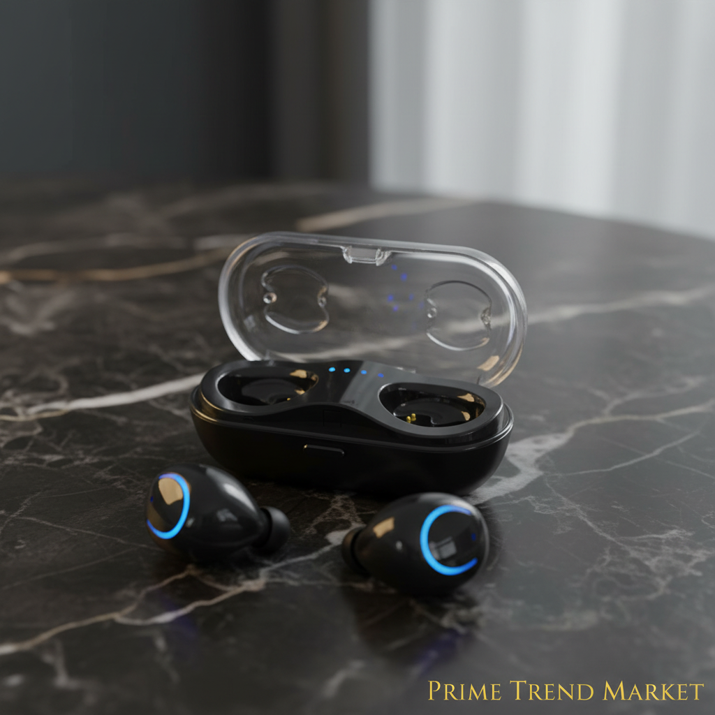 Wireless TWS Stereo Earbuds in black with charging case on marble surface — Prime Trend Market