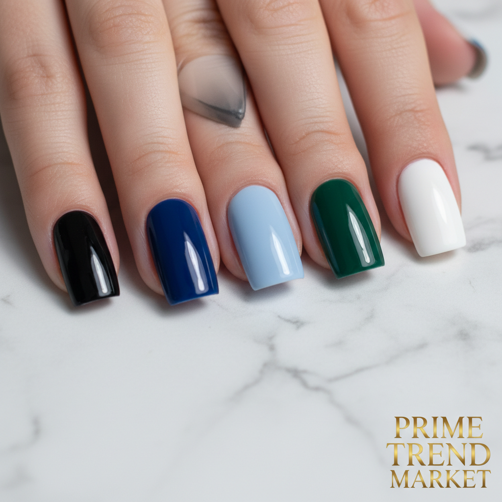 Six polygel color swatches on fingertips color comparison