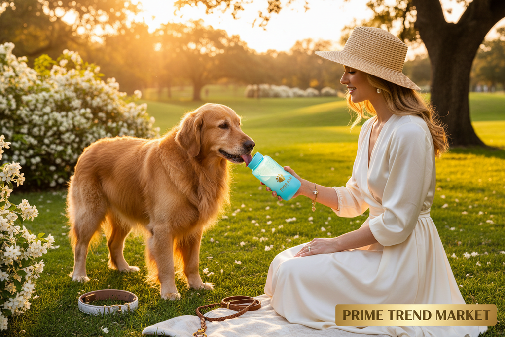 Golden retriever drinking from sky blue pet water bottle