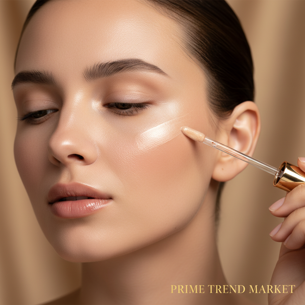 Woman applying highlighter wand to cheekbones with glowing skin