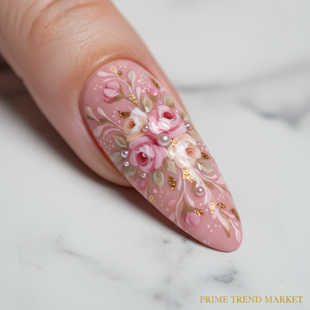 Macro close-up of hand-painted pink floral nail art detail