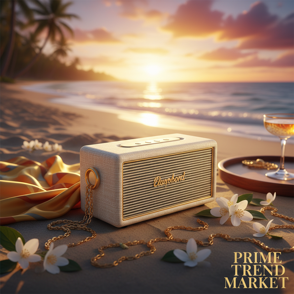 Portable fabric Bluetooth speaker beach lifestyle luxury editorial — Prime Trend Market