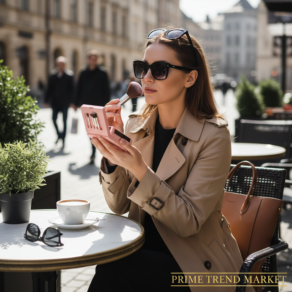 Woman touching up makeup on the go with 4-in-1 portable pink brush set at a café