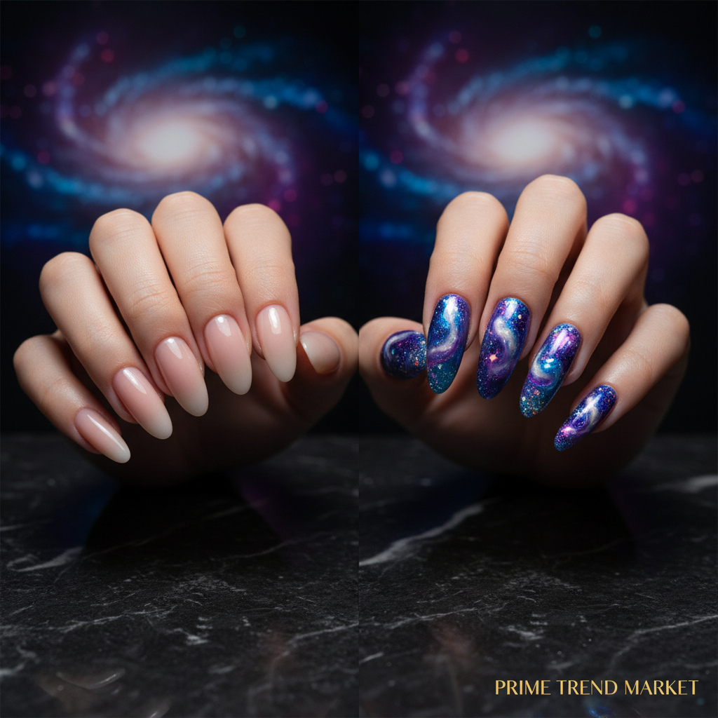 Before and after nebula glint cosmic press on nail transformation