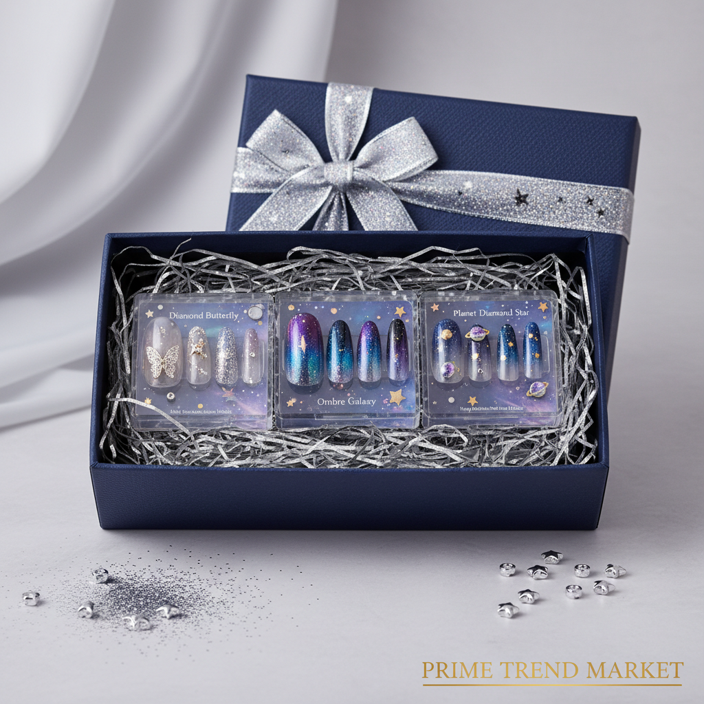 Celestial Nail Art Bundle gift set in navy box with silver star ribbon