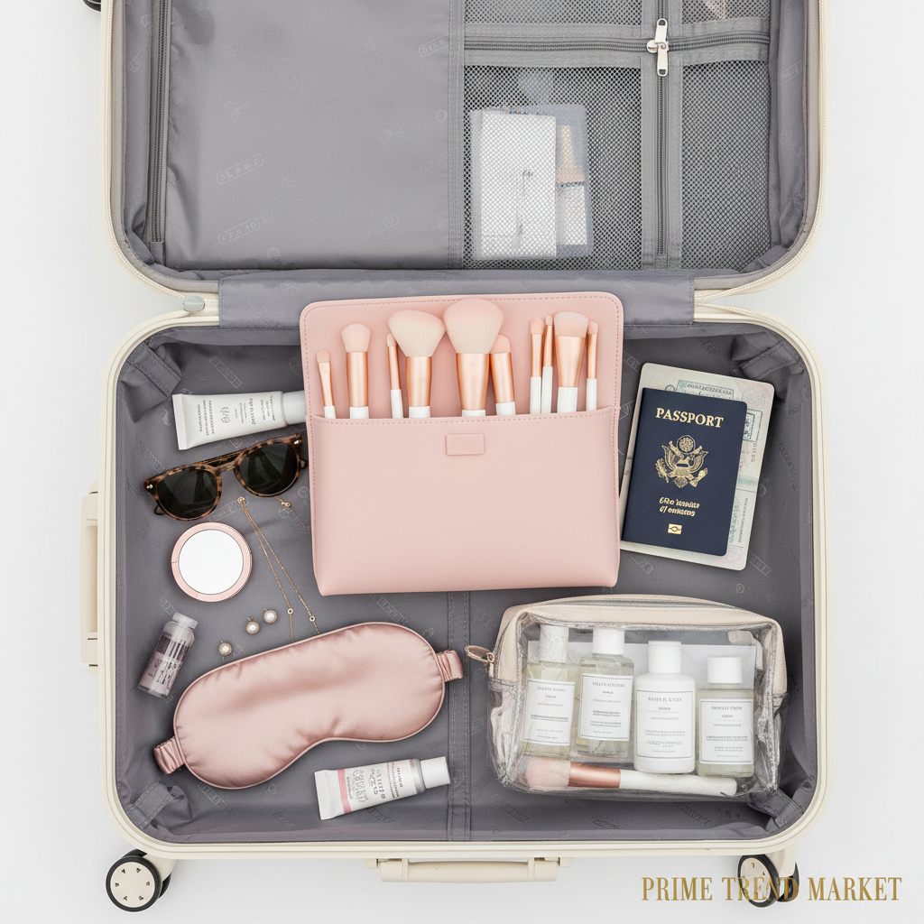 Pink silicone makeup brush organizer packed in open suitcase with travel essentials