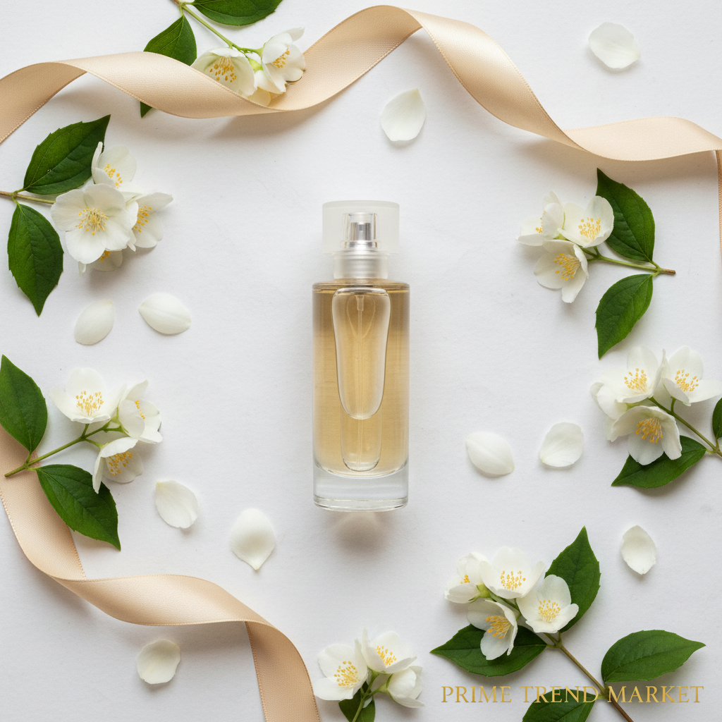Flat lay of minimalist perfume with white jasmine flowers and gold ribbon