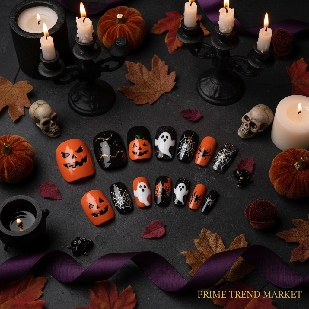 Halloween press-on nails flat lay with pumpkin bat ghost spider designs