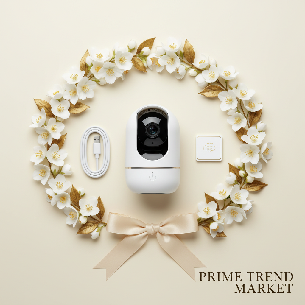 1080P WiFi Pet Baby Monitor Camera flat lay with jasmine flowers and accessories