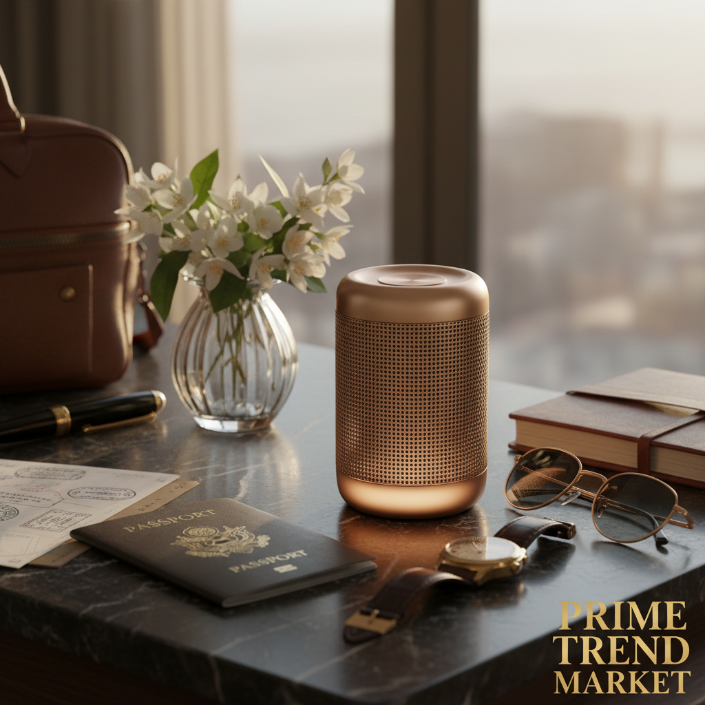 Mini wireless Bluetooth speaker luxury travel desk lifestyle with gold accessories — Prime Trend Market
