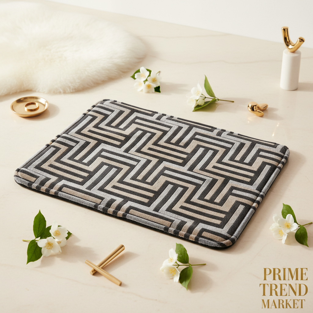 Premium geometric pattern thick suede pet mat on cream ivory surface
