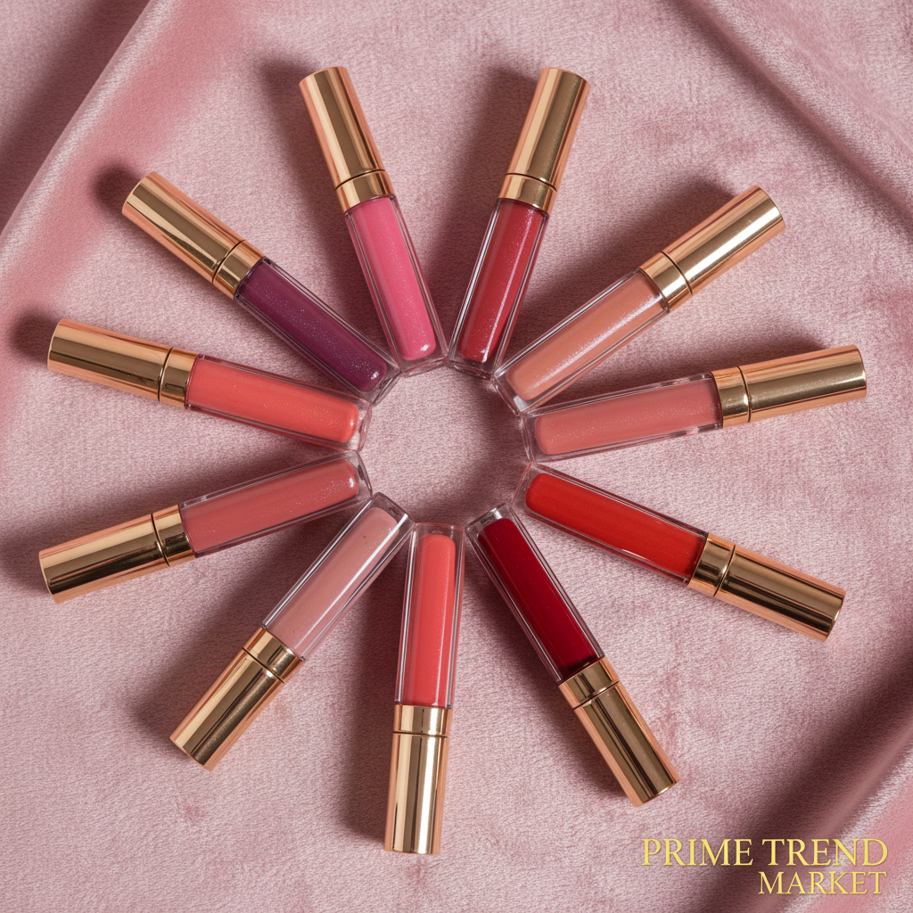Double head lip gloss 8 shades fan display on pink velvet