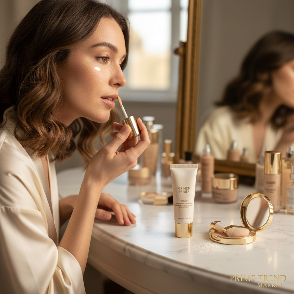 Woman applying concealer at vanity