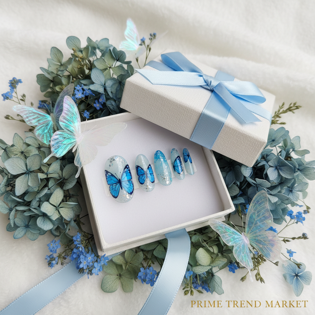 Blue butterfly press-on nails in white luxury gift box with blue satin ribbon and dried flowers