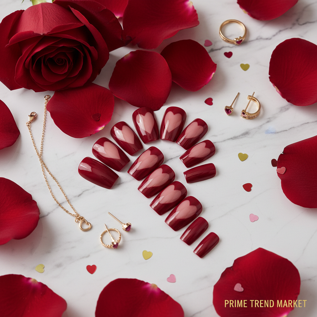 24 piece wine red heart French tip press on nails Valentine's Day flatlay