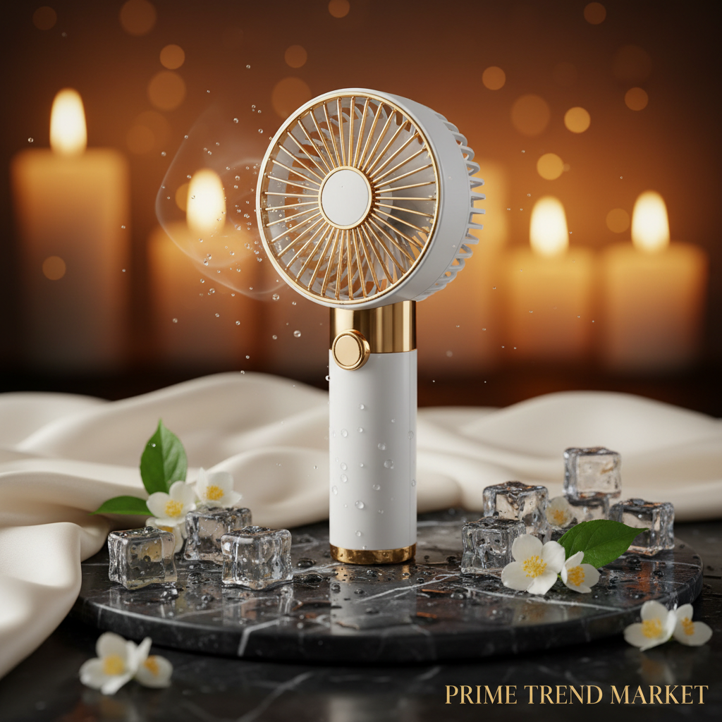 White turbo jet handheld fan on dark marble with ice cubes water droplets and jasmine flowers luxury editorial