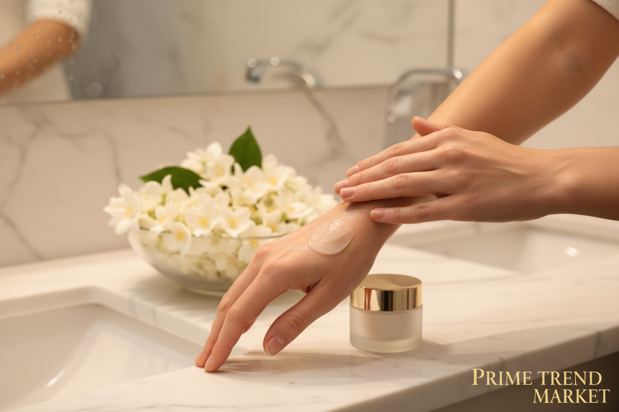 Elegant woman applying luxury hydrating body cream to glowing skin in marble spa bathroom