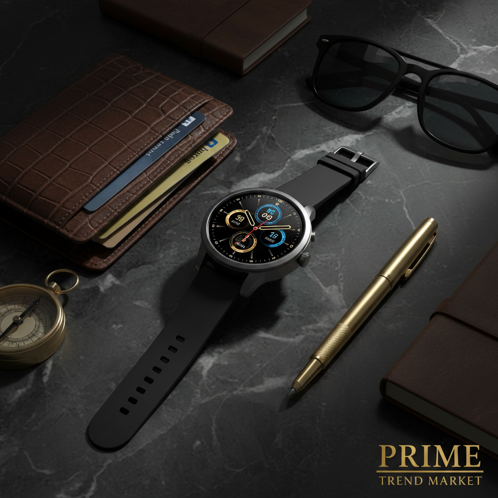 SENBONO round smartwatch luxury flatlay on dark marble with men's accessories