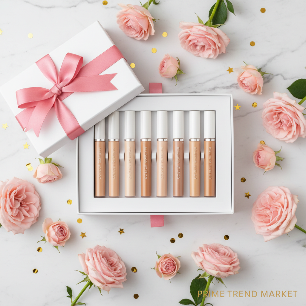 Multiple CC cream concealer tubes in white gift box with pink ribbon roses and gold confetti on marble