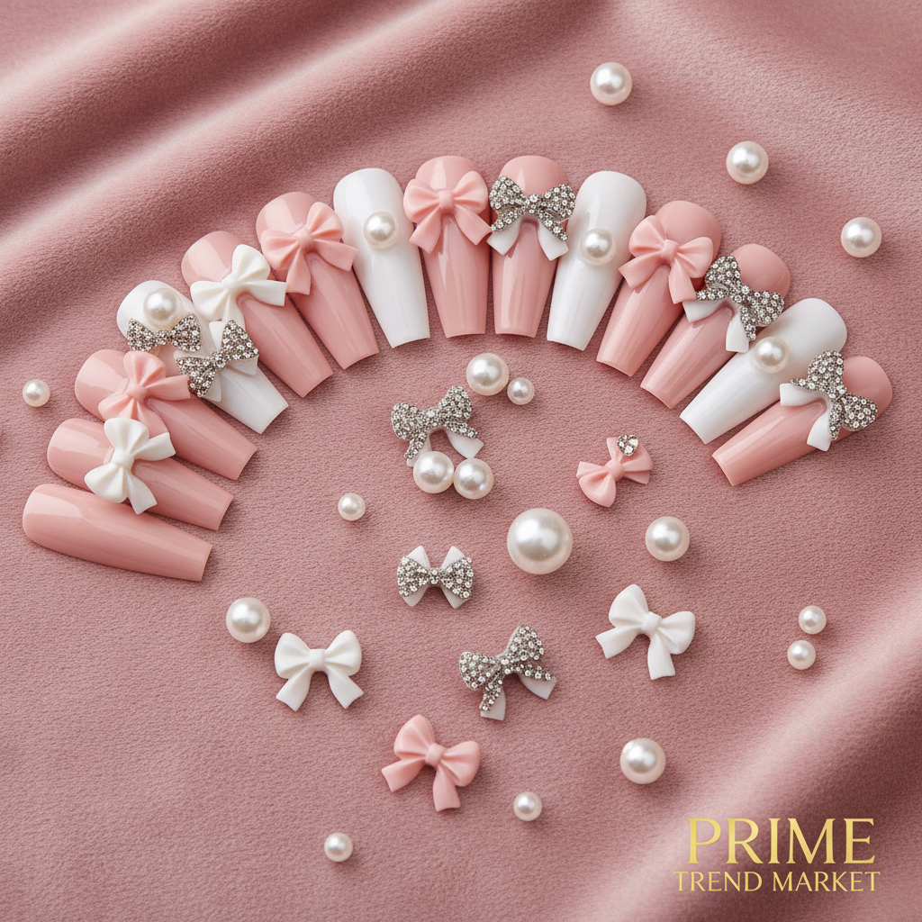 24pc bowknot nail art press-on nails fan display on pink velvet with bow accessories and pearls