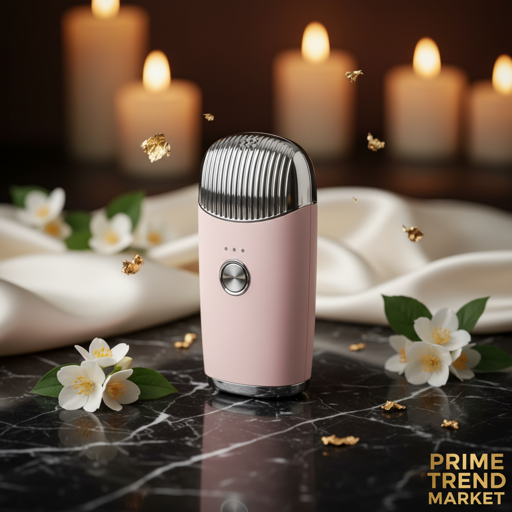 Luxury 5-in-1 Silicone Facial Cleansing Device pink hero shot on dark marble with jasmine flowers