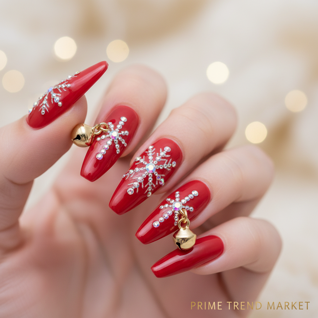 Close-up red snowflake rhinestone nail art - Prime Trend Market