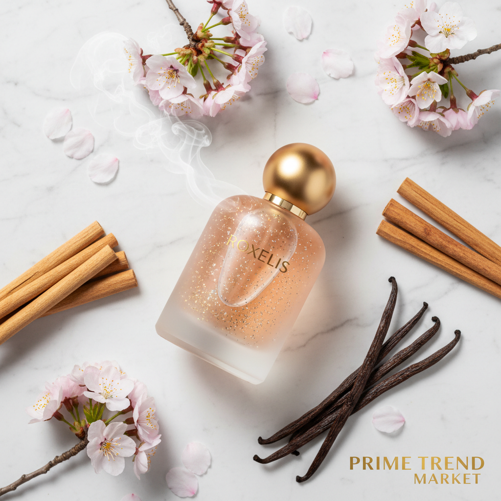 Roxelis EDP fragrance notes flat lay cherry vanilla sandalwood - Prime Trend Market