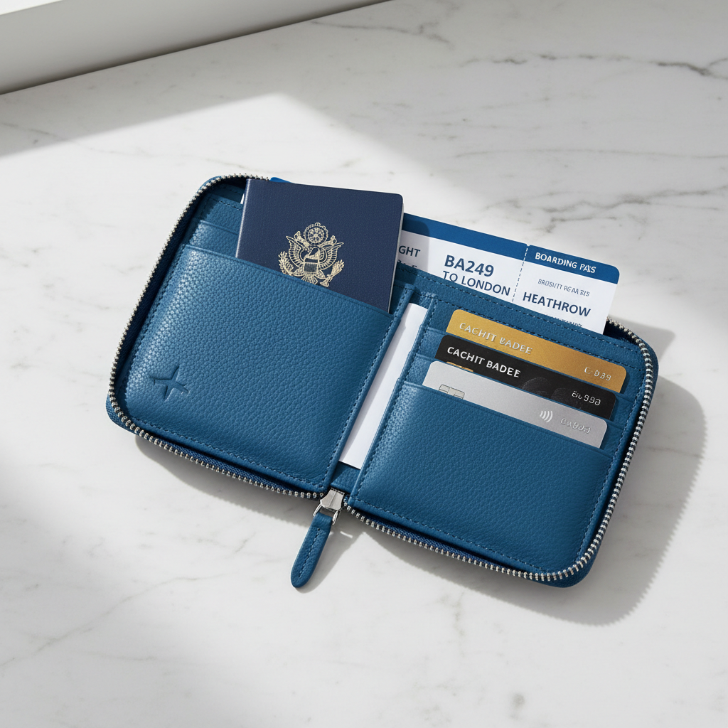 Blue zipper passport wallet on marble with boarding pass and cards