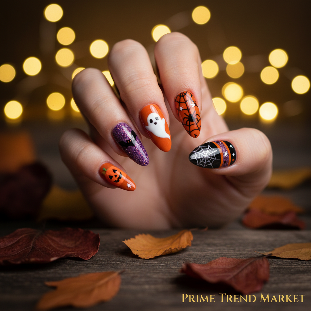 Hand wearing Halloween press-on nails with pumpkin bat ghost spider art