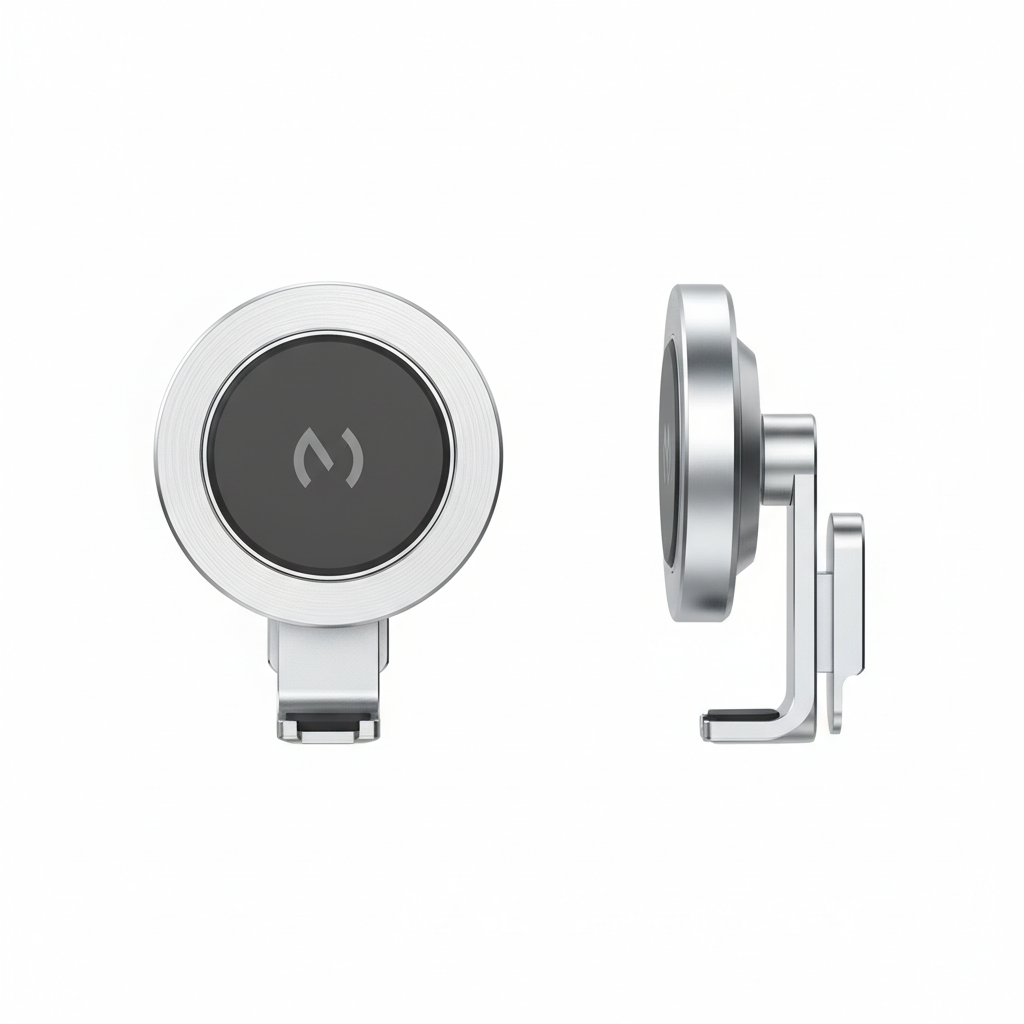 Silver magnetic car phone holder flatlay on white background showing front and side angles
