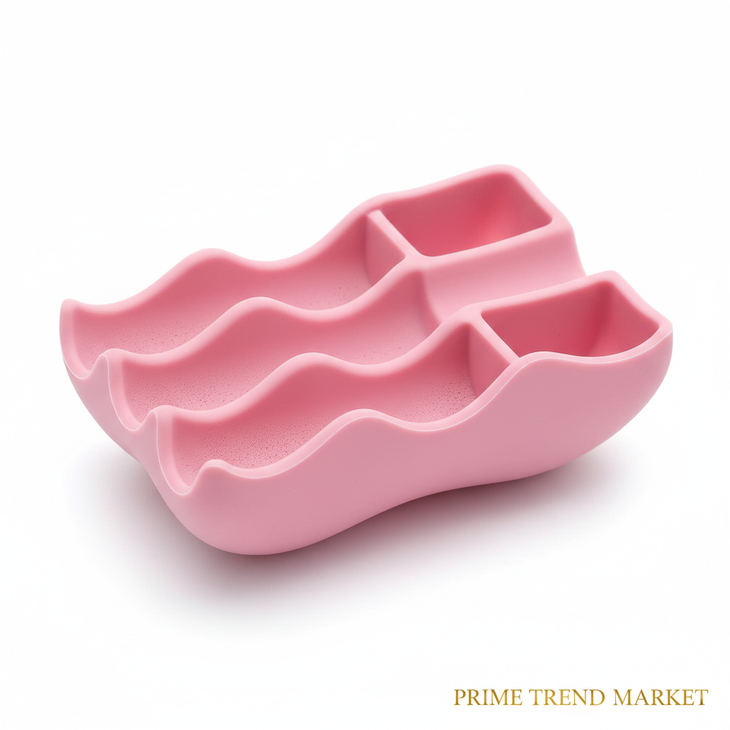 Close-up of pink silicone makeup brush holder showing flexible sponge slots
