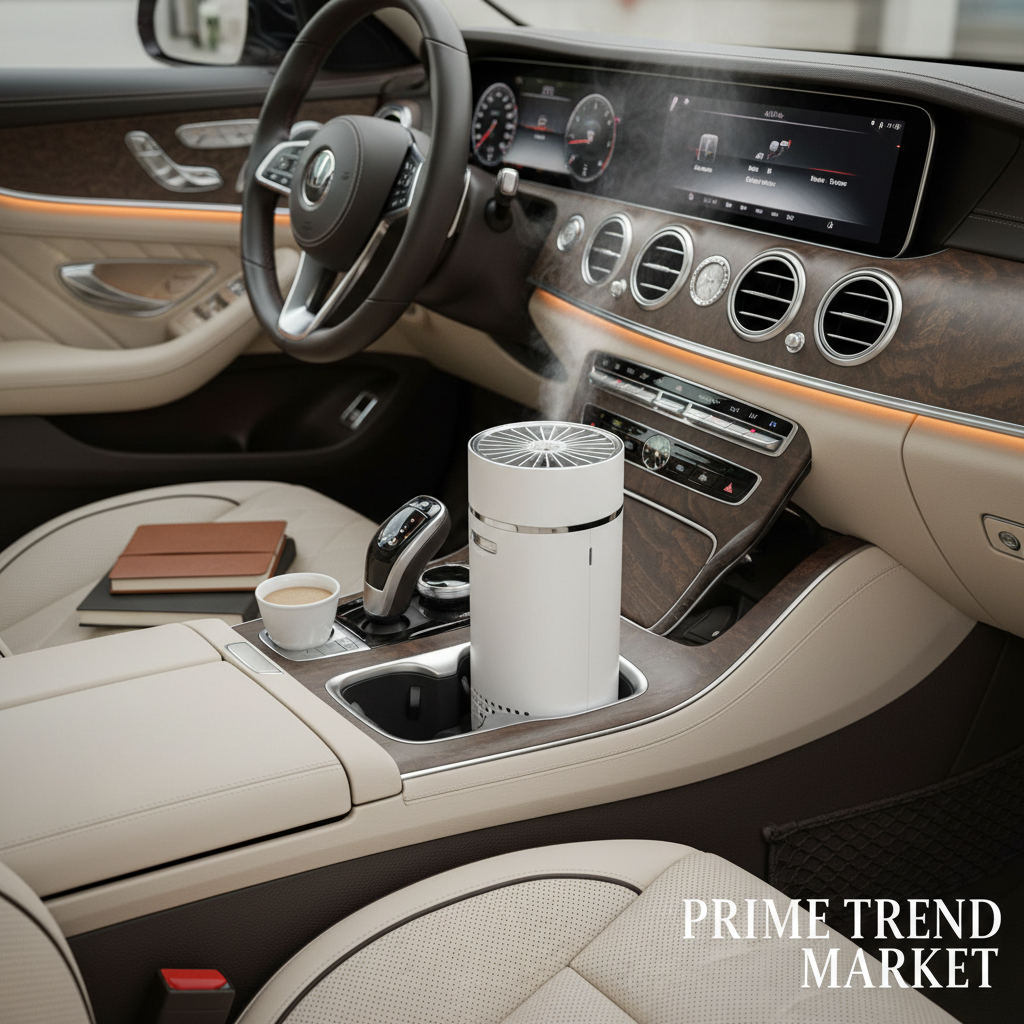 White car air purifier in luxury car cupholder with premium leather interior - Prime Trend Market