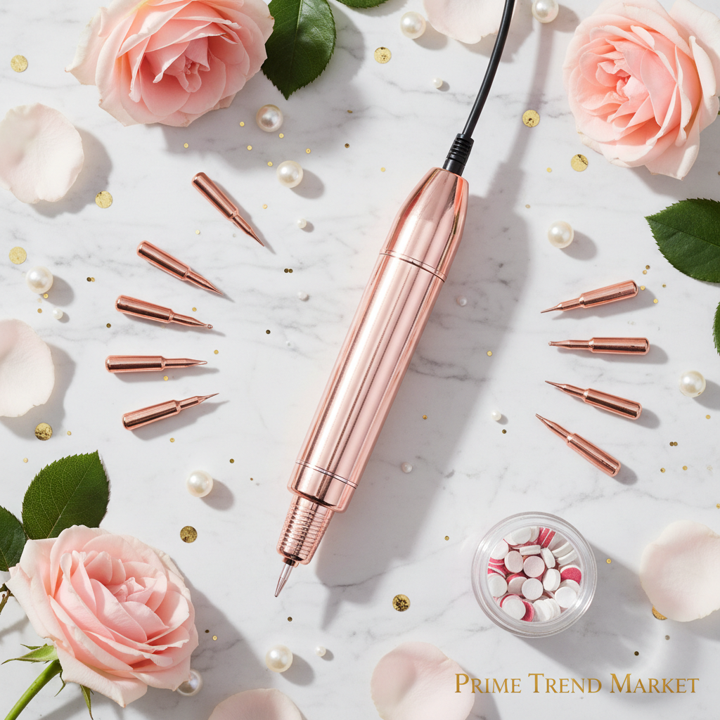Rose gold portable electric nail drill flat lay on white marble with pink roses and pearl beads