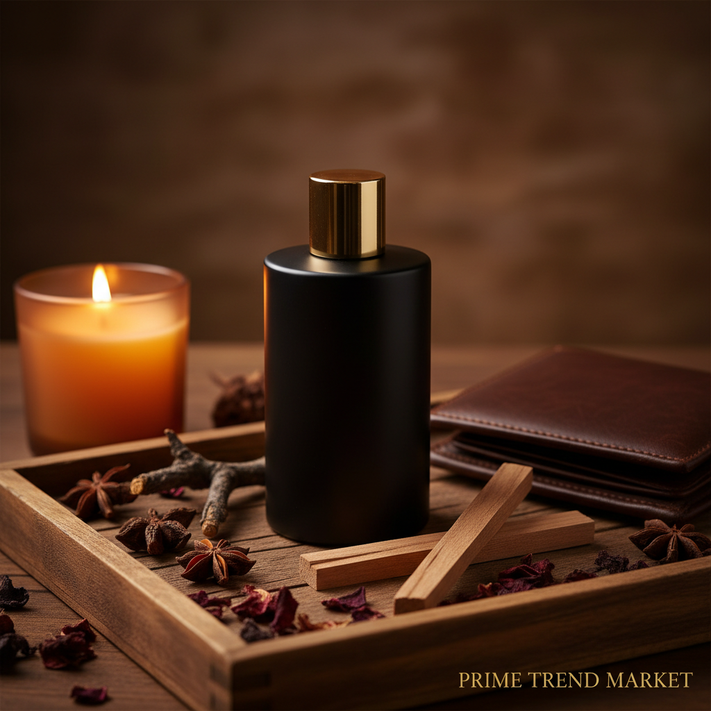Black perfume on wooden grooming tray with sandalwood sticks and leather wallet