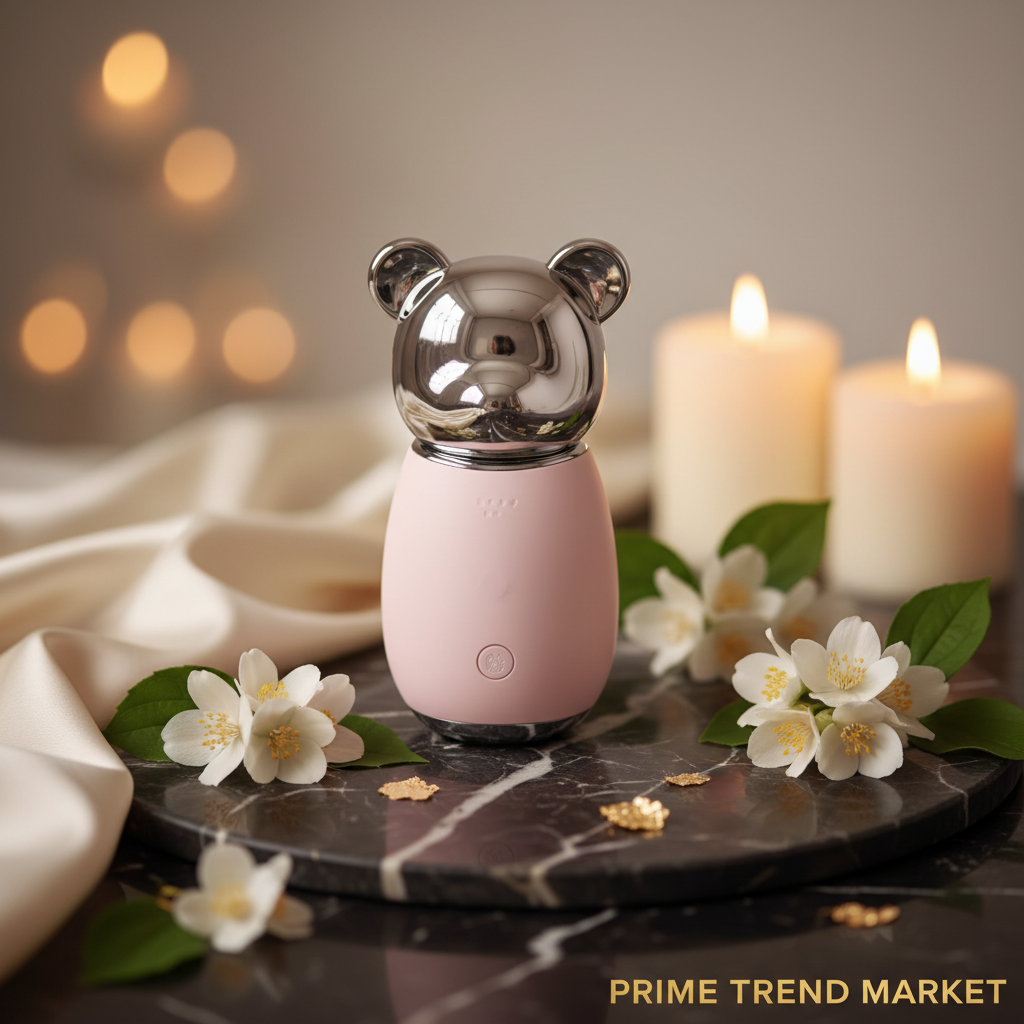 Luxury Bear-Face Microcurrent EMS Facial Sculpting Device pink hero shot on dark marble with jasmine flowers