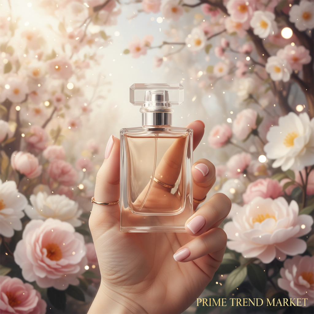 Hand holding Dreamy perfume bottle in blurred garden with pink blossoms