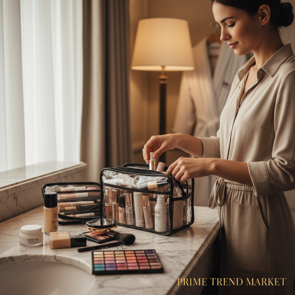 Woman packing waterproof multi-grid cosmetic travel bag on hotel vanity
