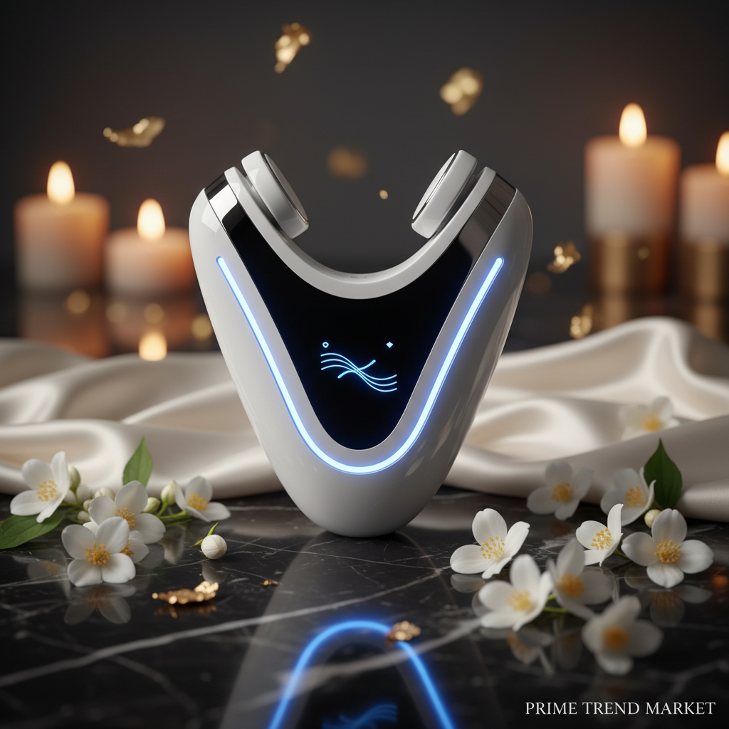 White V-shape chin lifting device with glowing LED on dark marble with jasmine flowers and gold leaf